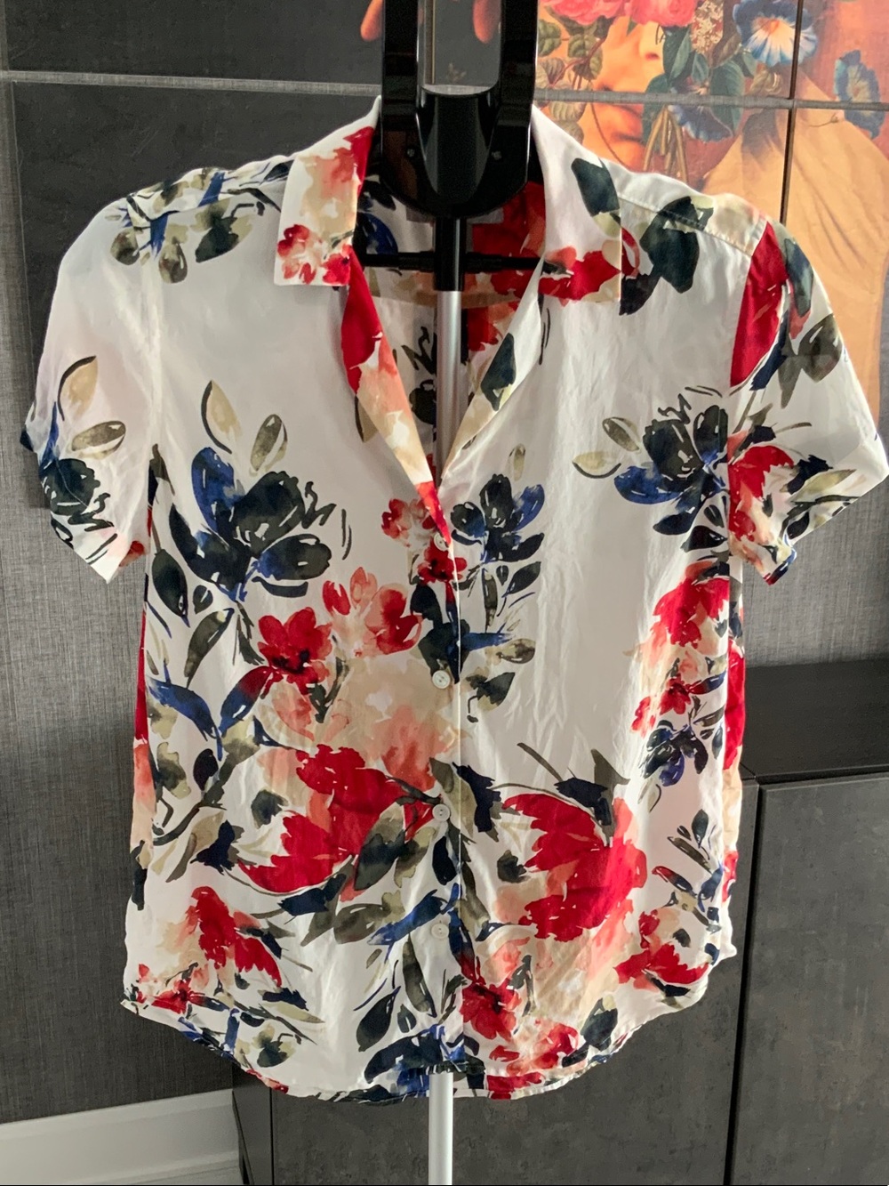 Tommy Bahama Silk White Shirt with Red, Navy & Green Floral Print  XS